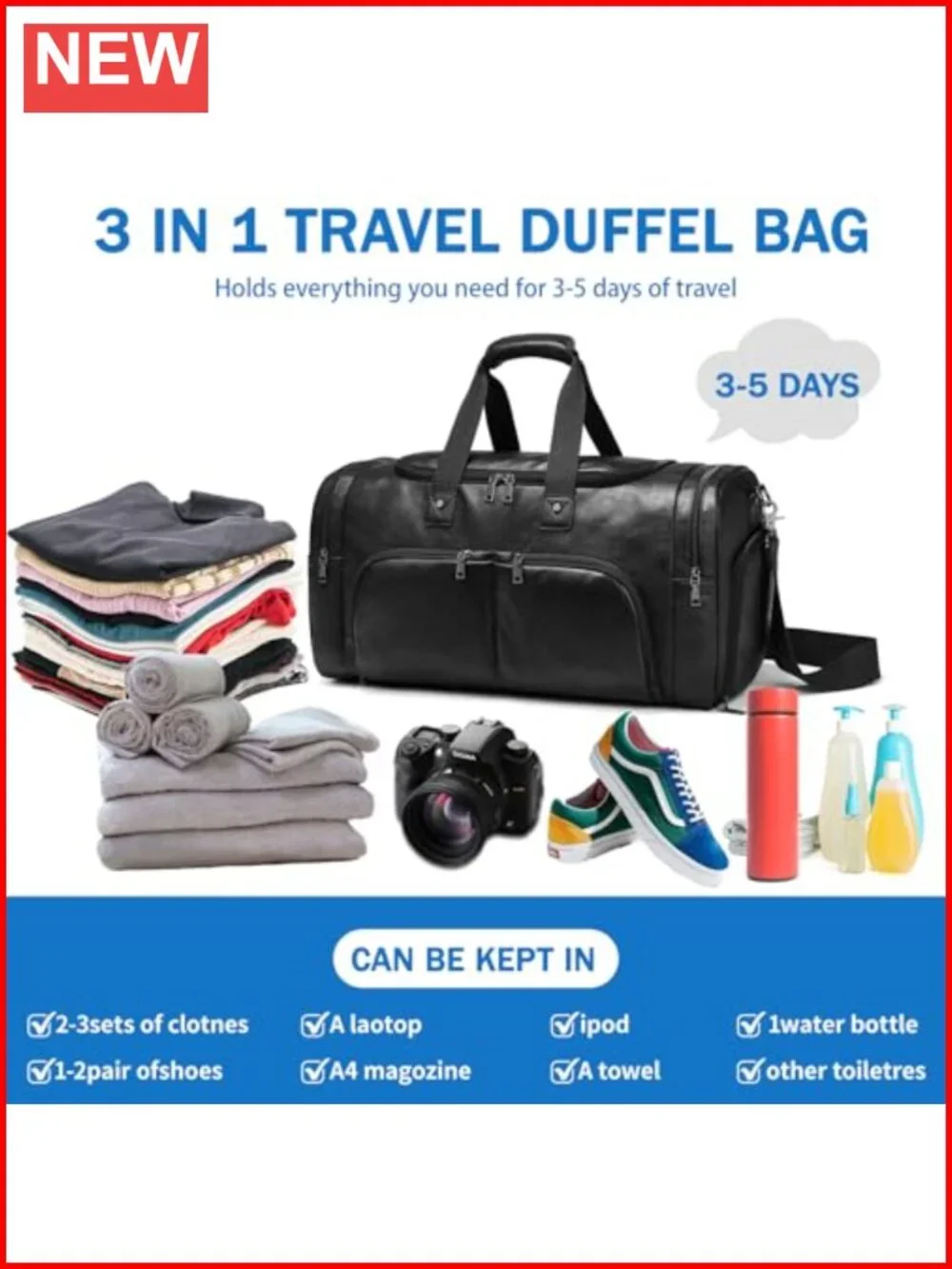 Leather Weekender Duffel Bag with Shoe Compartment, Waterproof Carry On for